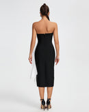 Jordyn Strapless Black White Sash Detail Midi Bandage Dress