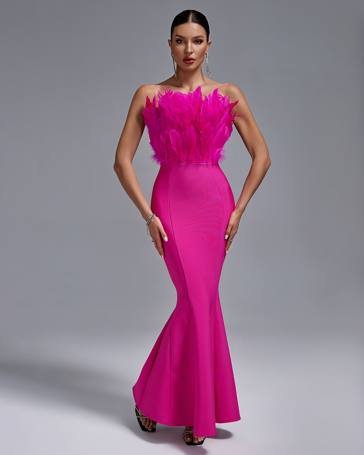 Tonia Strapless Feather Bodice Bandage Mermaid Maxi Dress