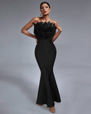 Tonia Strapless Feather Bodice Bandage Mermaid Maxi Dress