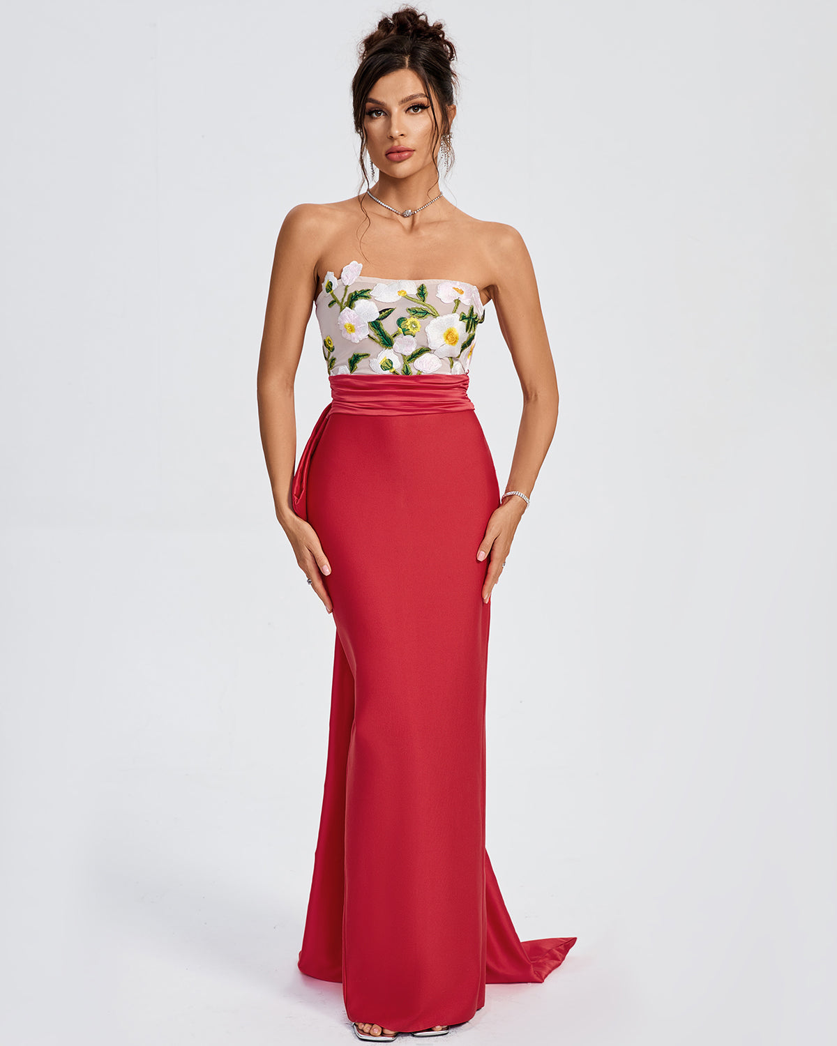 Brie Strapless Floral Bodice to Red Maxi Bandage Skirt with Back Bow