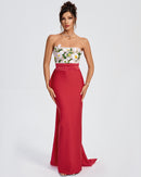 Brie Strapless Floral Bodice to Red Maxi Bandage Skirt with Back Bow