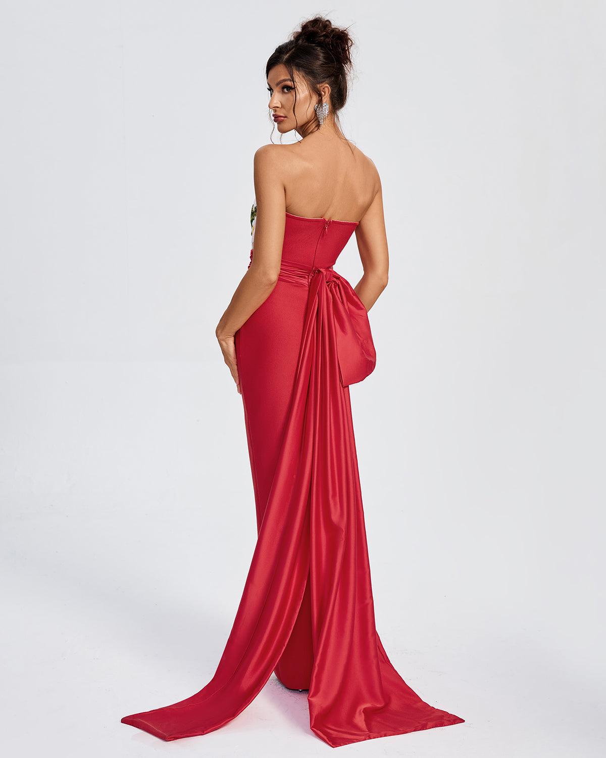 Brie Strapless Floral Bodice to Red Maxi Bandage Skirt with Back Bow