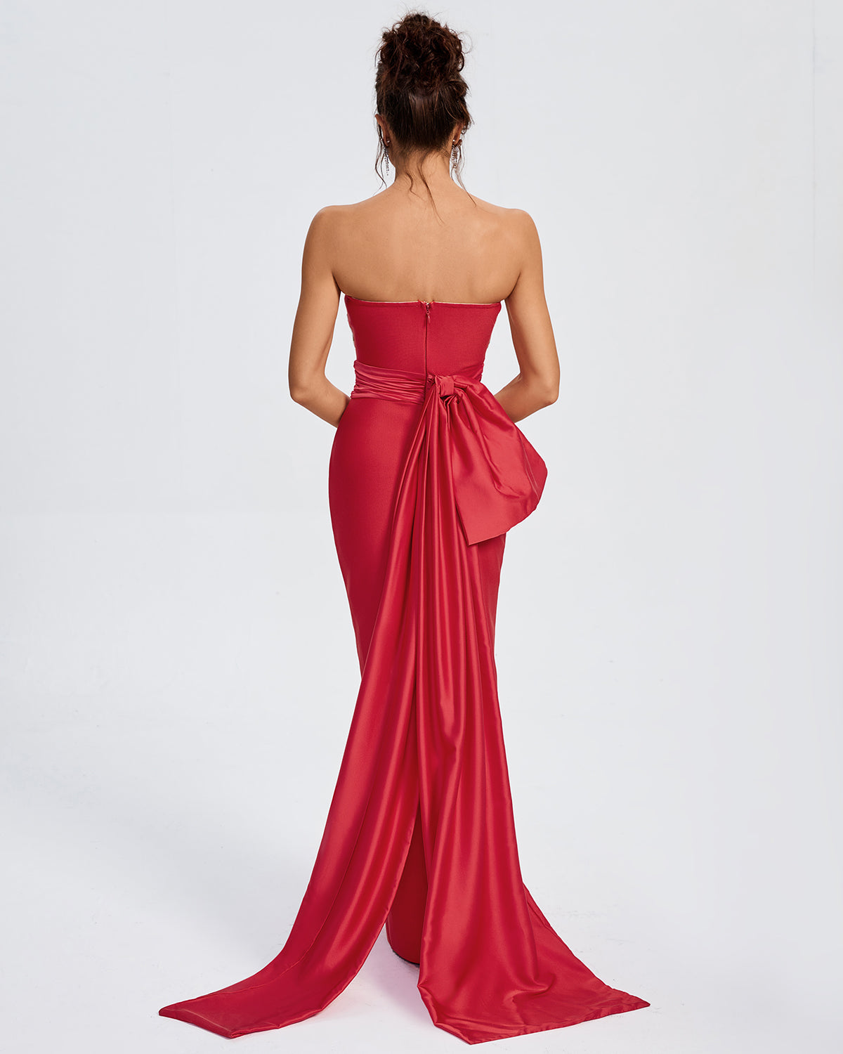 Brie Strapless Floral Bodice to Red Maxi Bandage Skirt with Back Bow