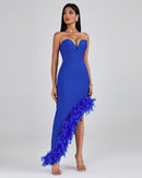 Sophina Strapless Sweetheart Neck Asymmetrical Feather Trim Hem Bandage Midi Dress