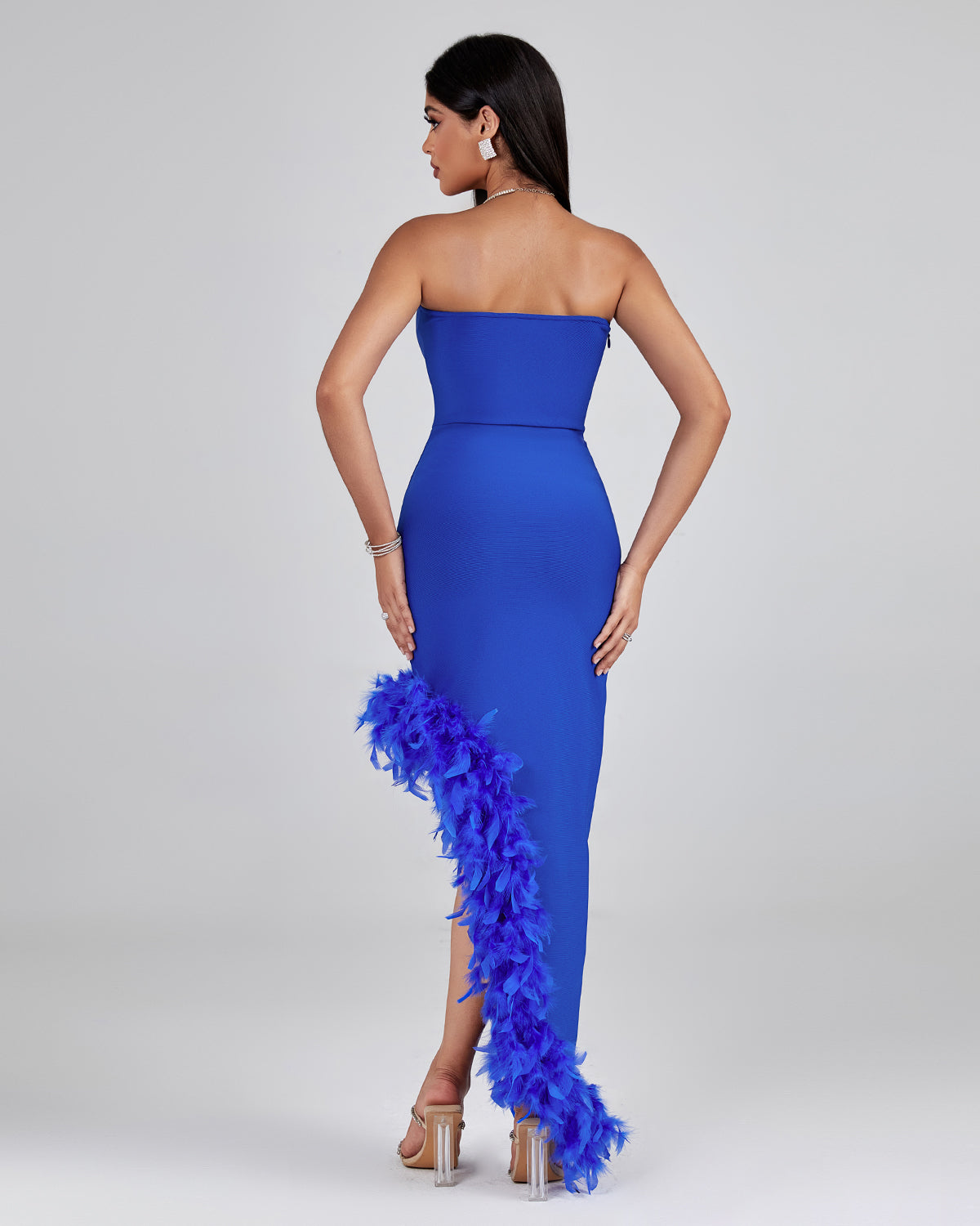 Sophina Strapless Sweetheart Neck Asymmetrical Feather Trim Hem Bandage Midi Dress