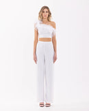 Myla White Rhinestone Feather Trim One Shoulder Crop Top and Pant Set