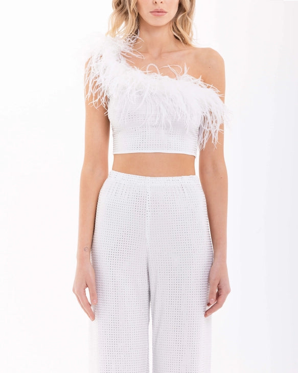 Myla White Rhinestone Feather Trim One Shoulder Crop Top and Pant Set