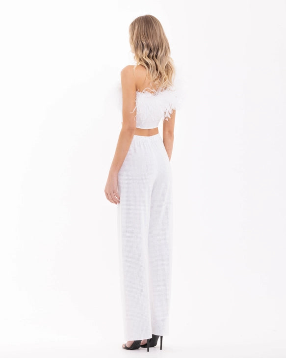 Myla White Rhinestone Feather Trim One Shoulder Crop Top and Pant Set