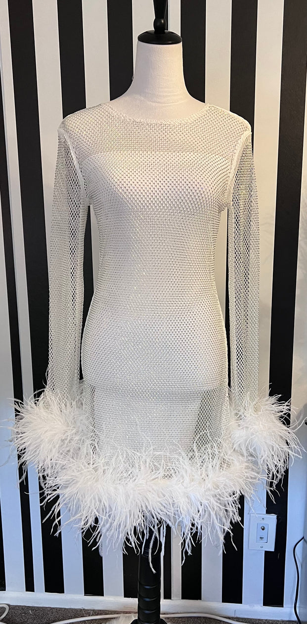 Hartford White Rhinestone Mesh Feather Trim Mini Dress
