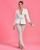 Amber White Satin 3D Rose Cutout Back Blazer and Pearl Mesh Pant Set