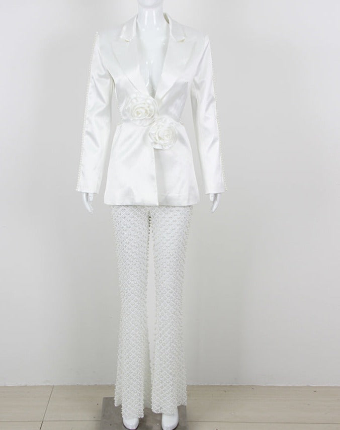 Amber White Satin 3D Rose Cutout Back Blazer and Pearl Mesh Pant Set