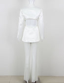 Amber White Satin 3D Rose Cutout Back Blazer and Pearl Mesh Pant Set