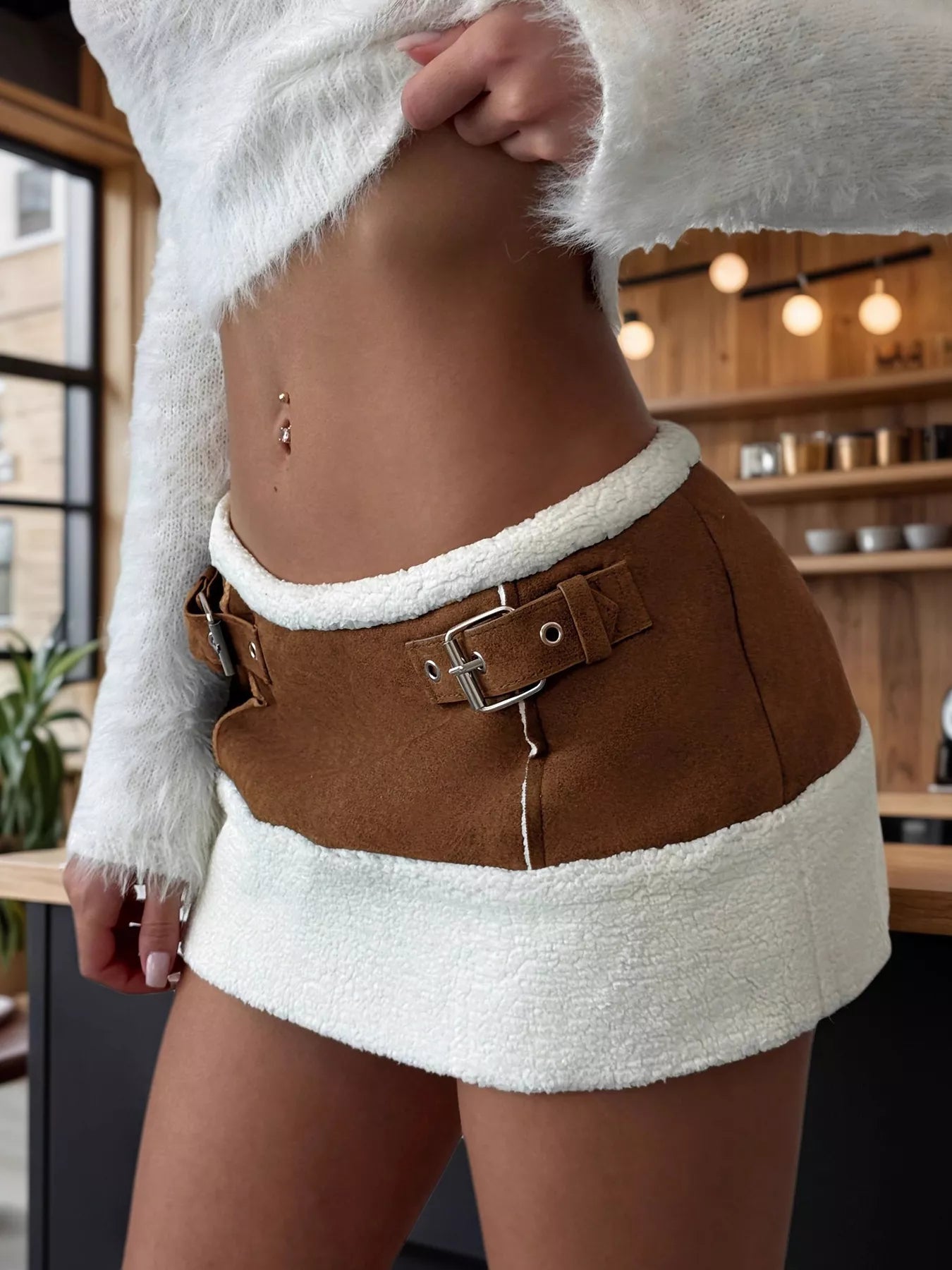 Viviana Color Block Buckle Faux Suede & Shearling Mini Skirt