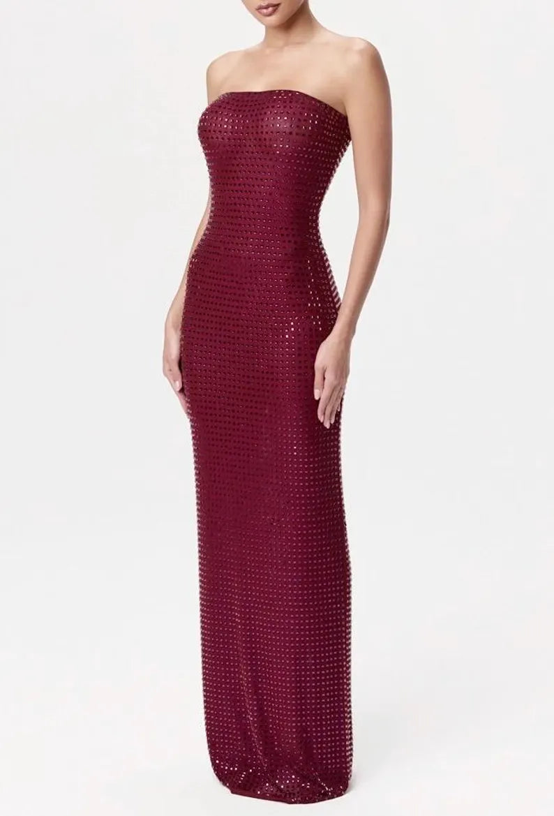 Nola Burgundy Strapless Crystal Embellished Maxi Dress