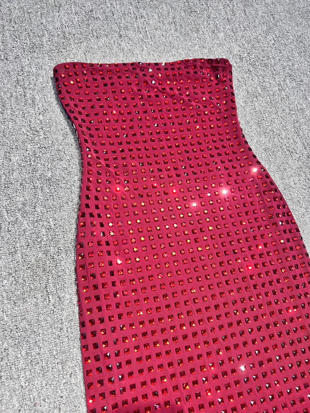 Nola Burgundy Strapless Crystal Embellished Maxi Dress