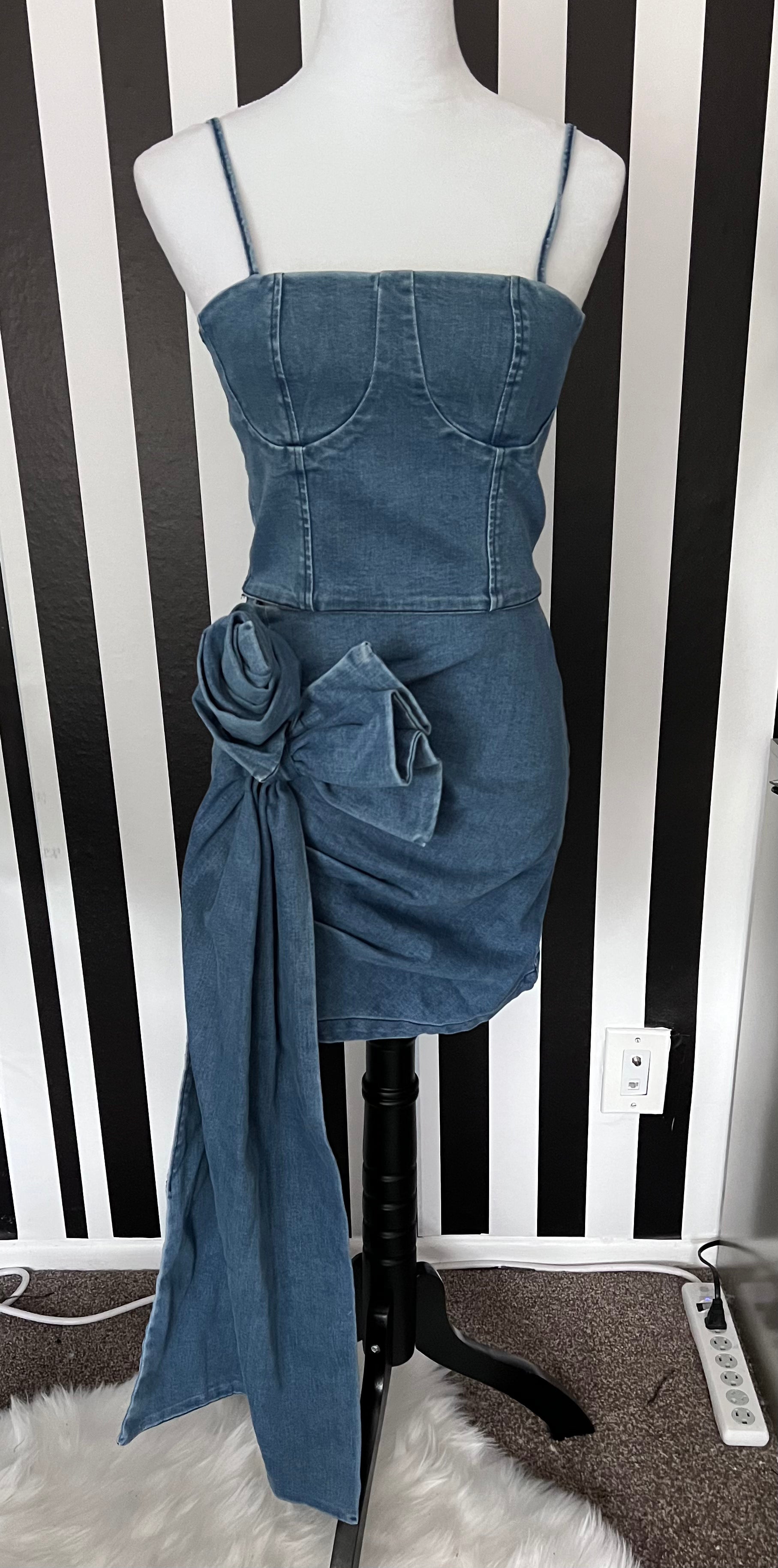 Naima Denim Crop Top and 3D Rose Drape Mini Skirt Set