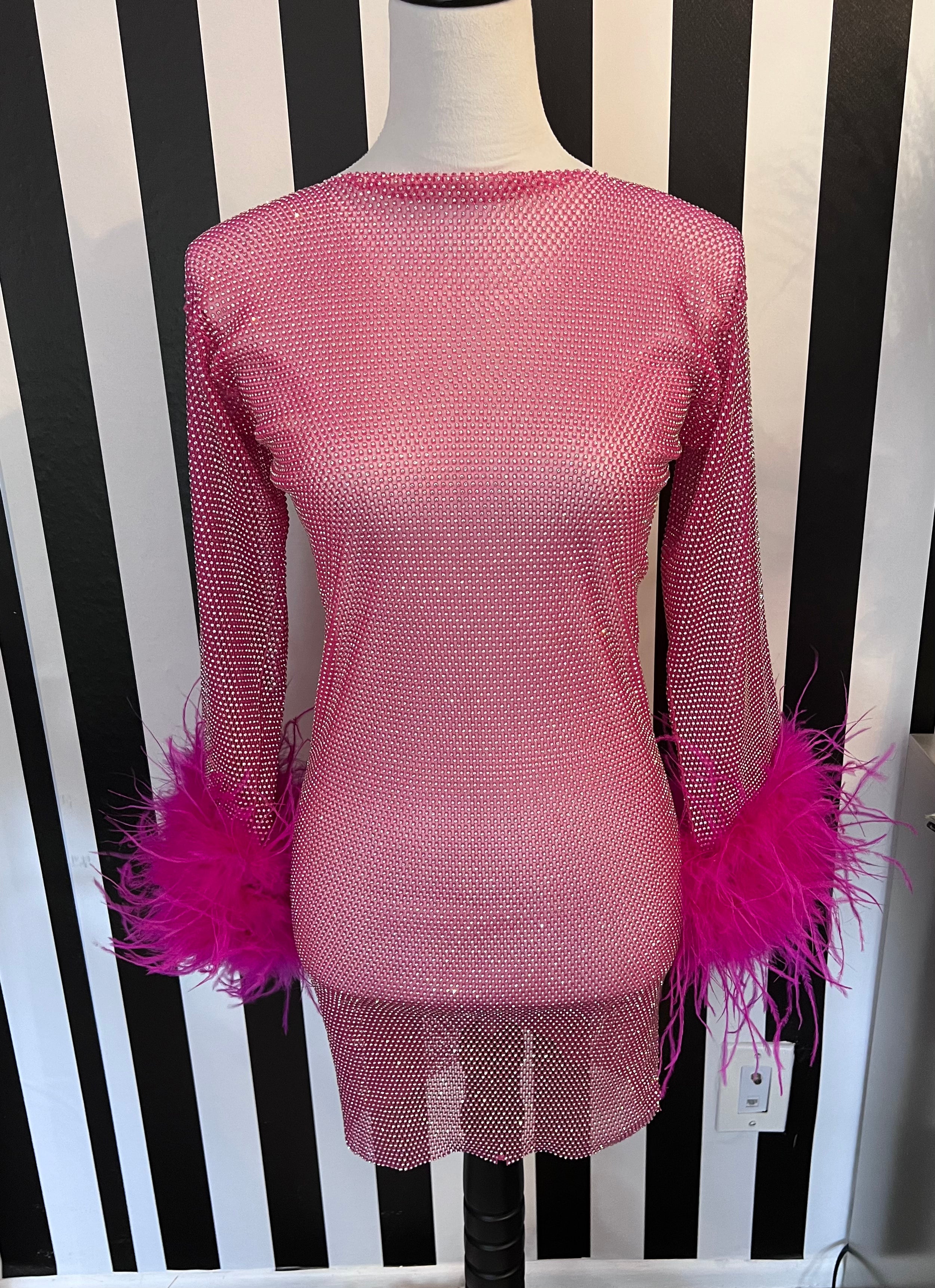 Chaya Mesh Rhinestone Mini Dress with Full Feather Trim