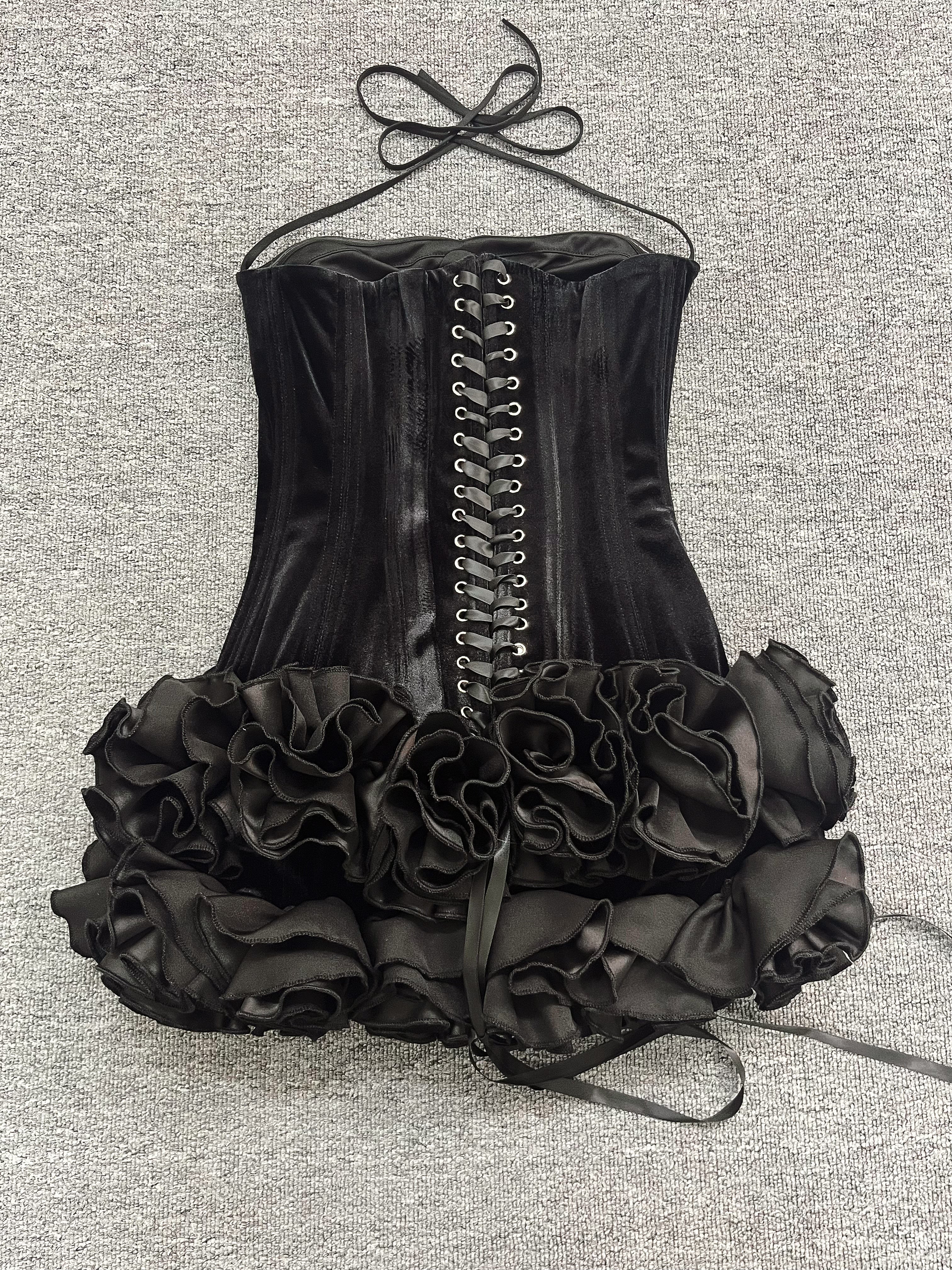 Nisa Strapless Sweetheart Neck Corset with Back Tie Ruffle Mini Dress