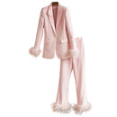 Thalia Feather Trim Blazer and Pant Set