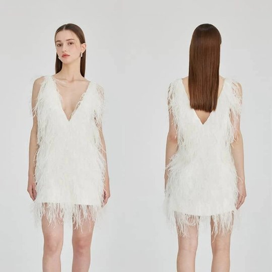 Anthia White Deep V Feather Mini Dress - Ever Chic Fashions