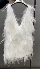 Anthia White Deep V Feather Mini Dress - Ever Chic Fashions