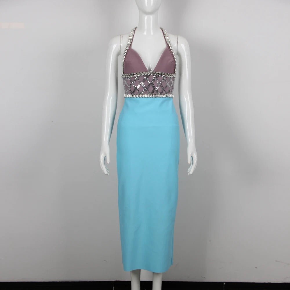 Avery Mauve and Teal Rhinestone and Sequin Trim Maxi Bodycon Dress - Ever Chic Fashions