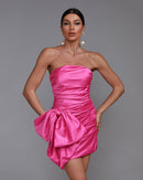 Belle Fuchsia Satin Strapless Mini Dress with Front Bow - Ever Chic Fashions