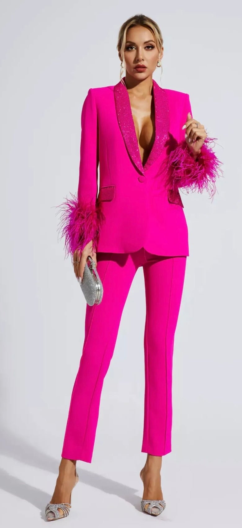 Cinda Fuchsia Rhinestone and Feather Embellished Blazer and Pant Set