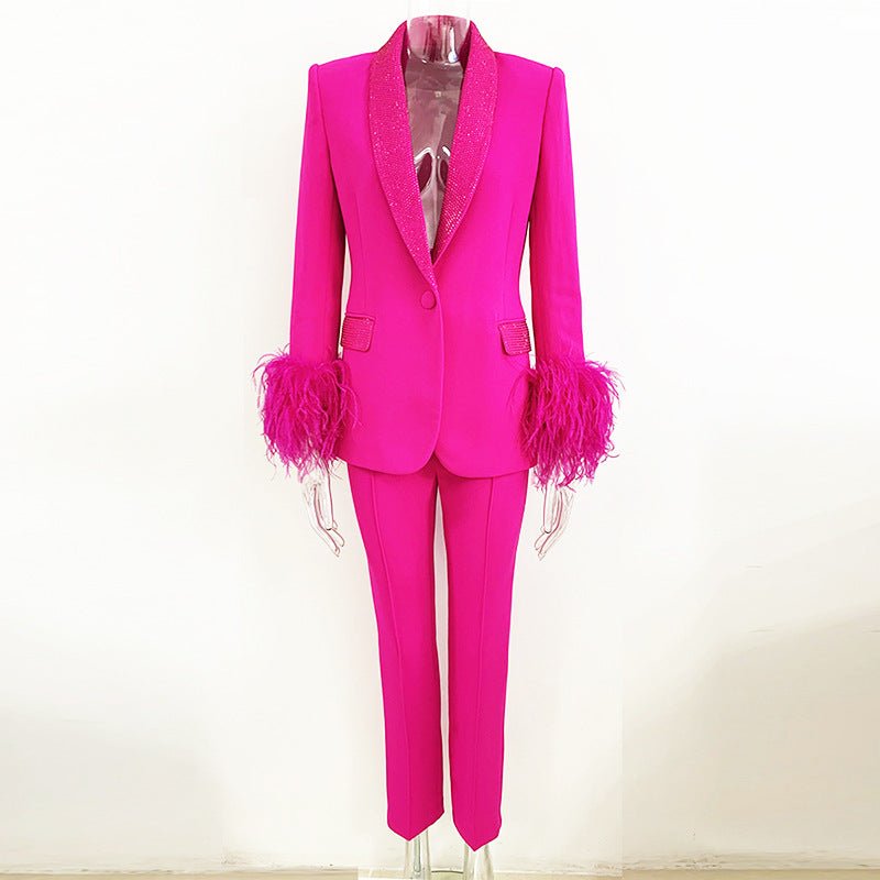 Cinda Fuchsia Rhinestone and Feather Embellished Blazer and Pant Set - Ever Chic Fashions