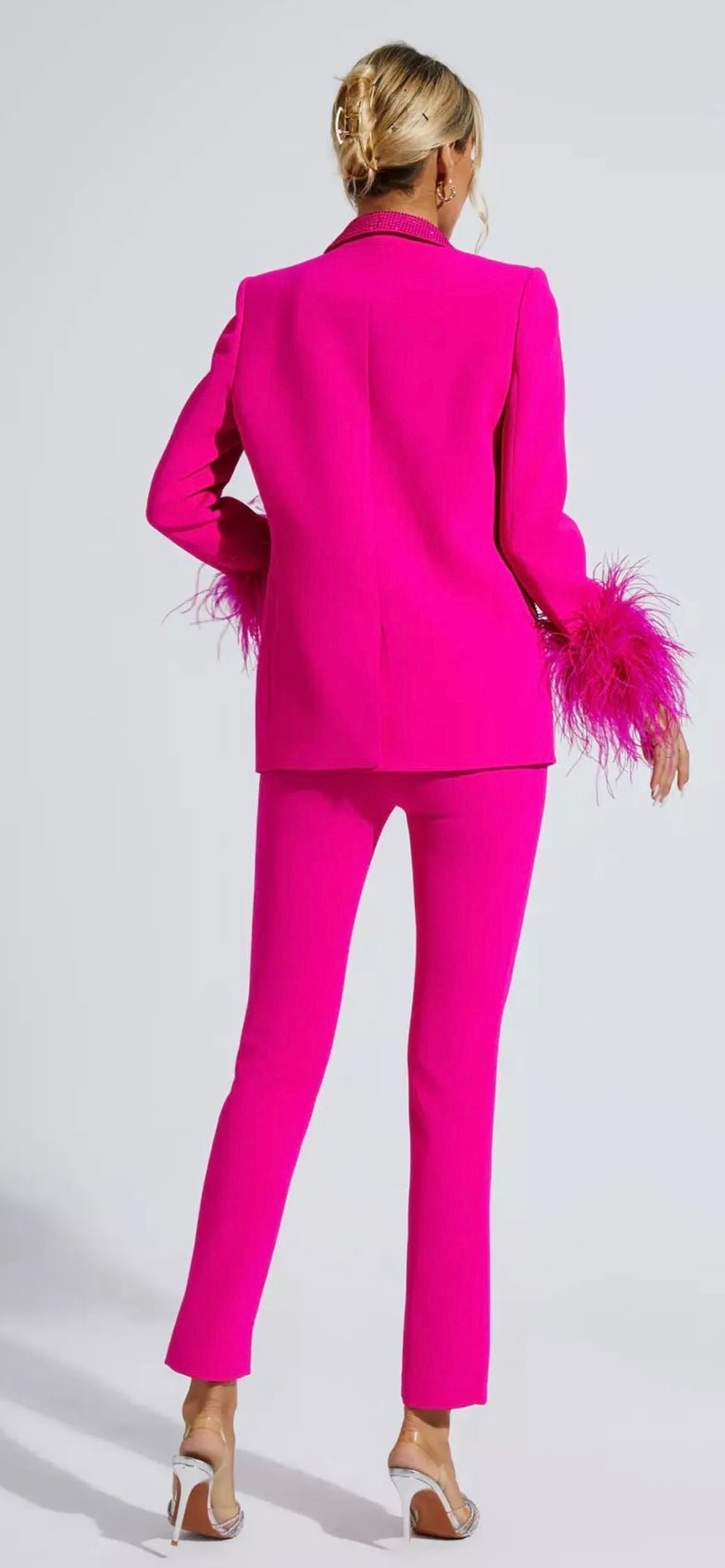 Cinda Fuchsia Rhinestone and Feather Embellished Blazer and Pant Set - Ever Chic Fashions