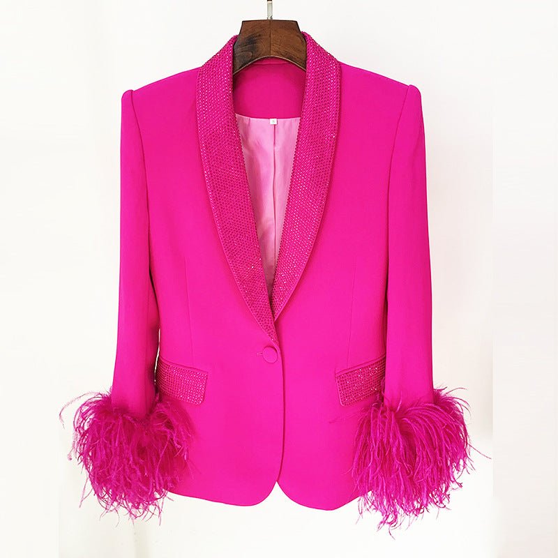 Cinda Fuchsia Rhinestone and Feather Embellished Blazer and Pant Set - Ever Chic Fashions