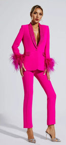 Cinda Fuchsia Rhinestone and Feather Embellished Blazer and Pant Set - Ever Chic Fashions