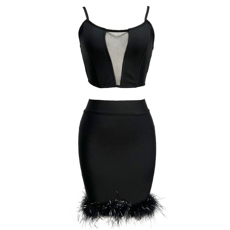 Delmi Bandage Crop Top and Feather Trim Mini Skirt - Ever Chic Fashions