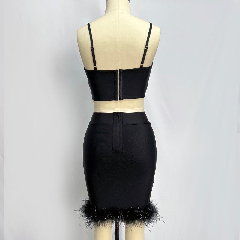 Delmi Bandage Crop Top and Feather Trim Mini Skirt - Ever Chic Fashions