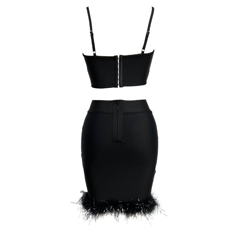 Delmi Bandage Crop Top and Feather Trim Mini Skirt - Ever Chic Fashions