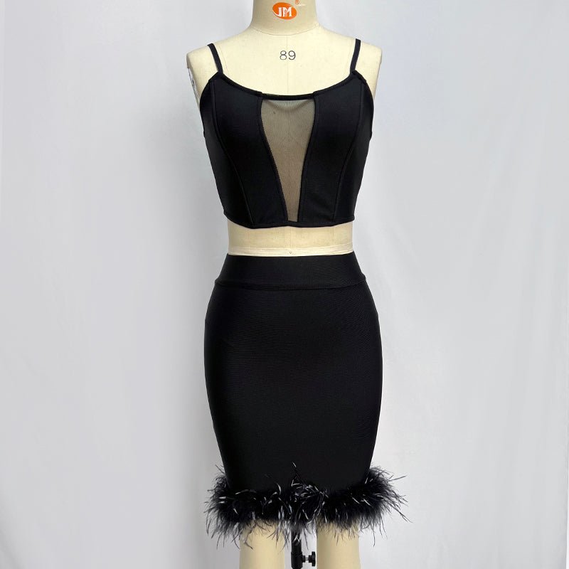 Delmi Bandage Crop Top and Feather Trim Mini Skirt - Ever Chic Fashions