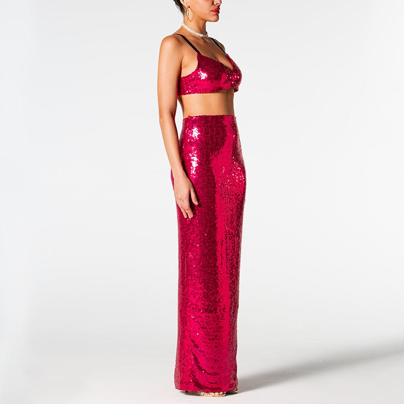 Eastyn Pink Rose Sequin Bralette and Maxi Skirt Set - Ever Chic Fashions