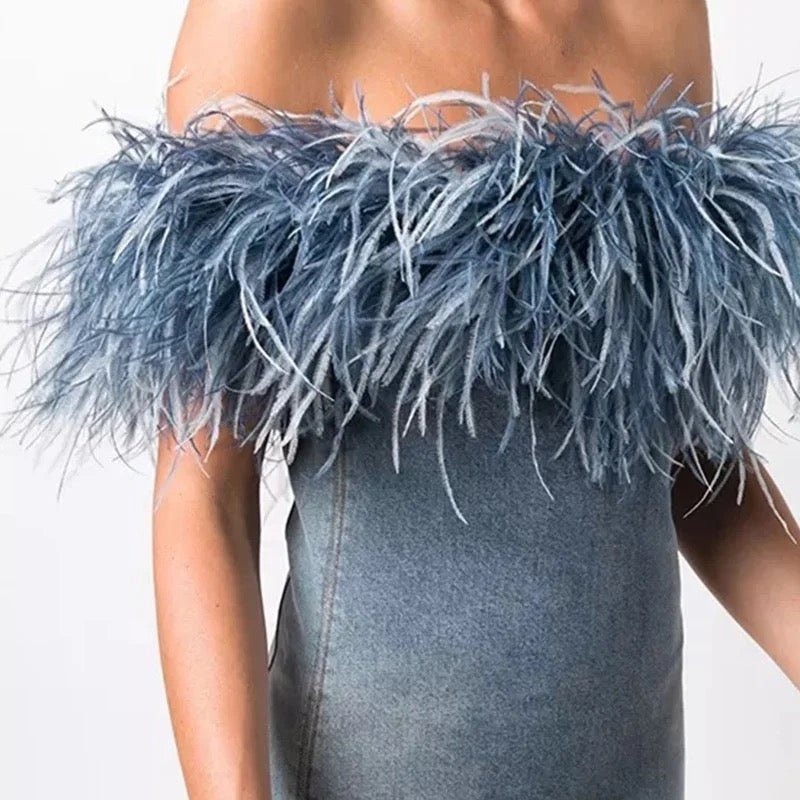 Ella Off Shoulder Ostrich Feather Trim Denim Mini Dress