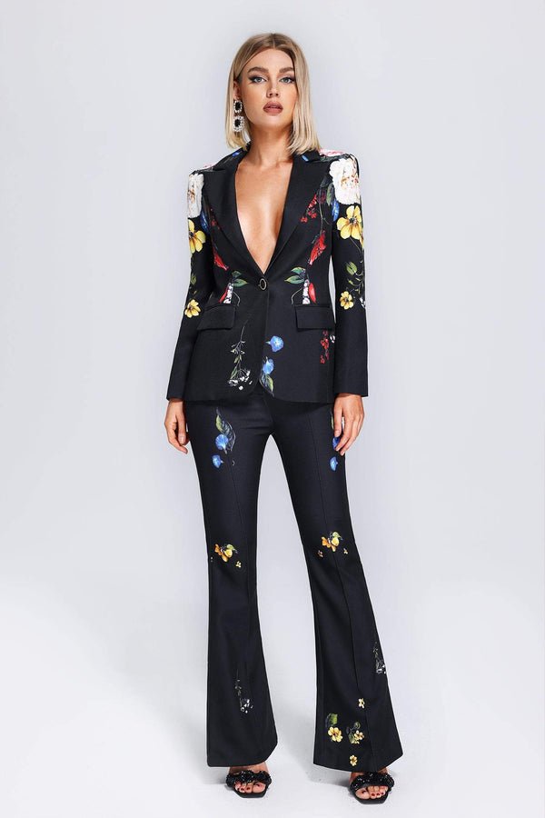 Finley Black Floral Blazer and Pant Suit