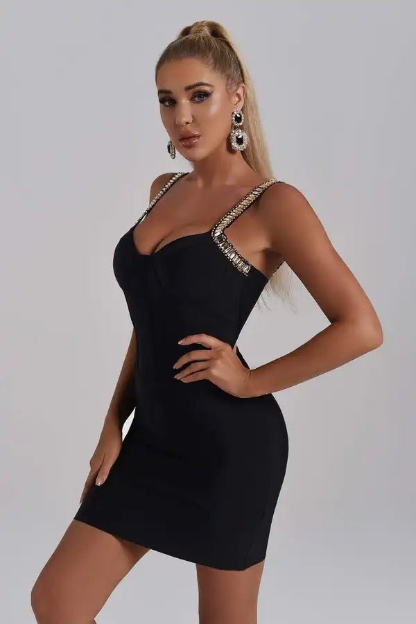 Fiona Black Midi Dress with Embellished Straps - Ever Chic Fashions