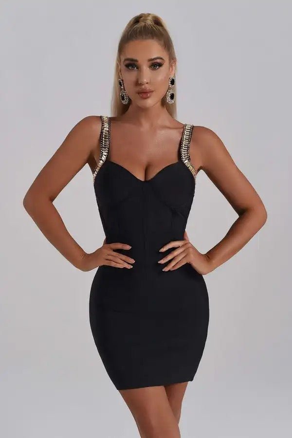 Fiona Black Midi Dress with Embellished Straps - Ever Chic Fashions