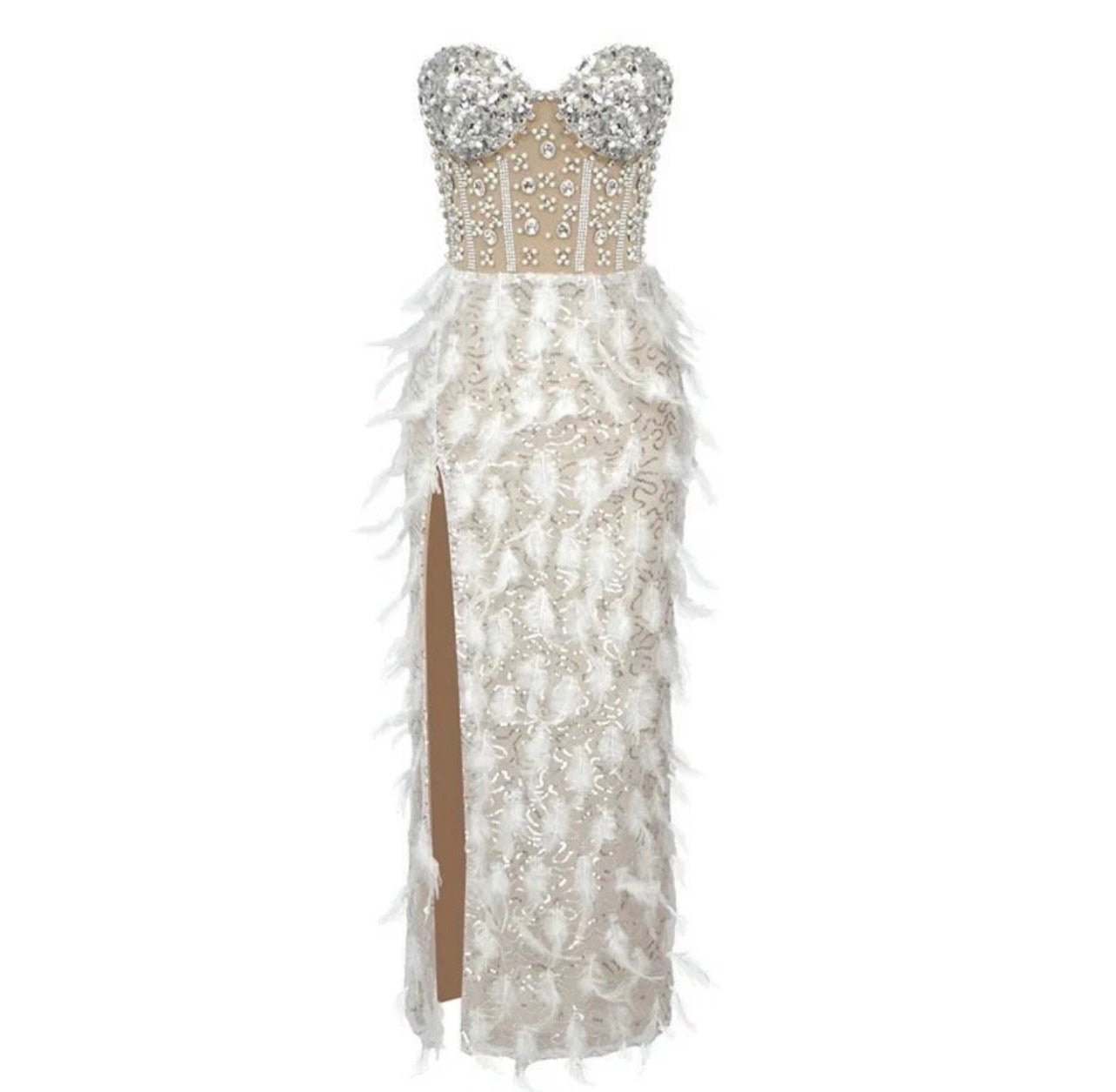 Harper Strapless Crystal and Feather Midi Dress - Ever Chic Fashions