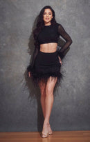 Jaree Black Rhinestone and Feather Mesh Crop Top and Mini Skirt Set - Ever Chic Fashions