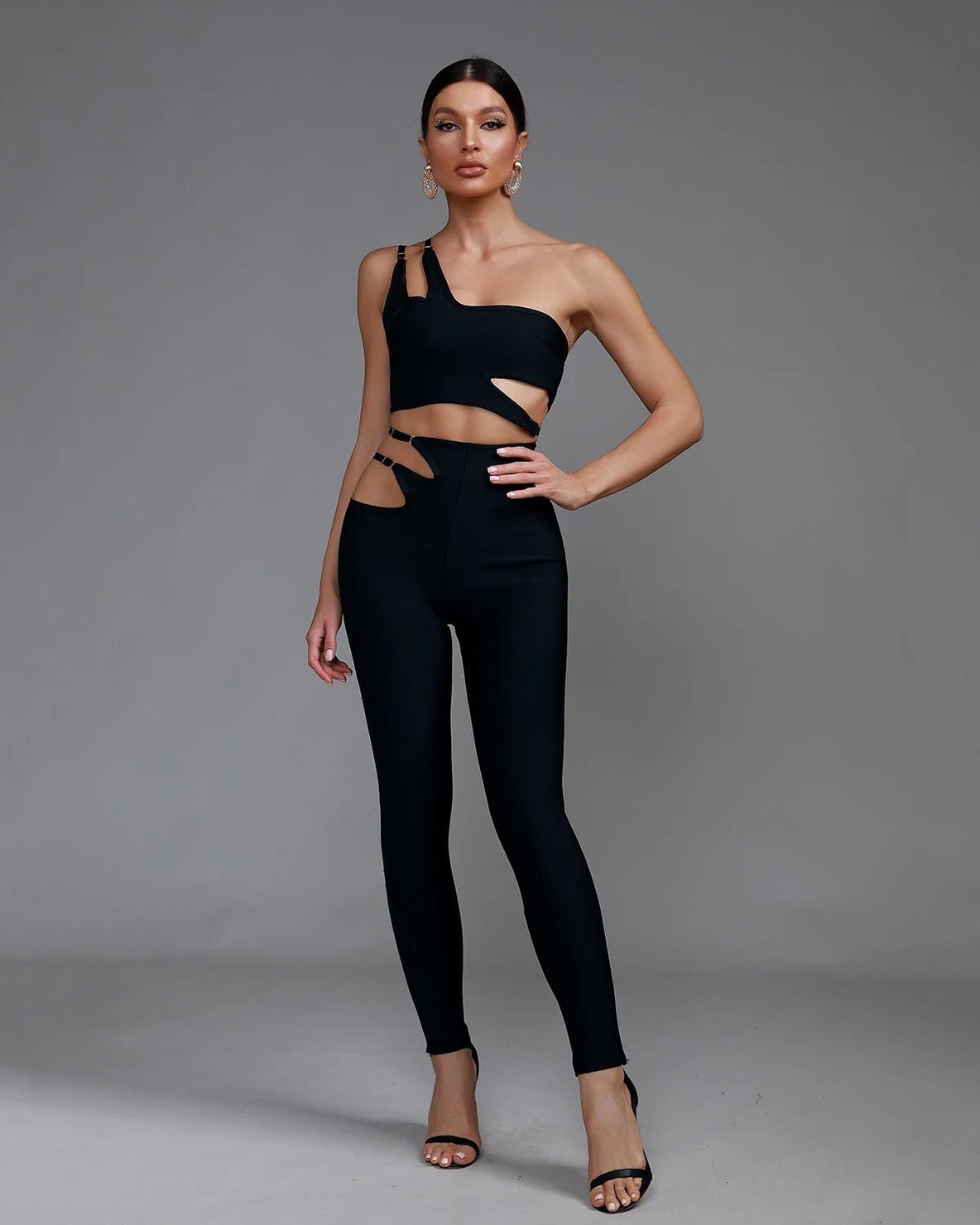 Karlin Bandage One Shoulder Cutout Crop Top and Pant Set