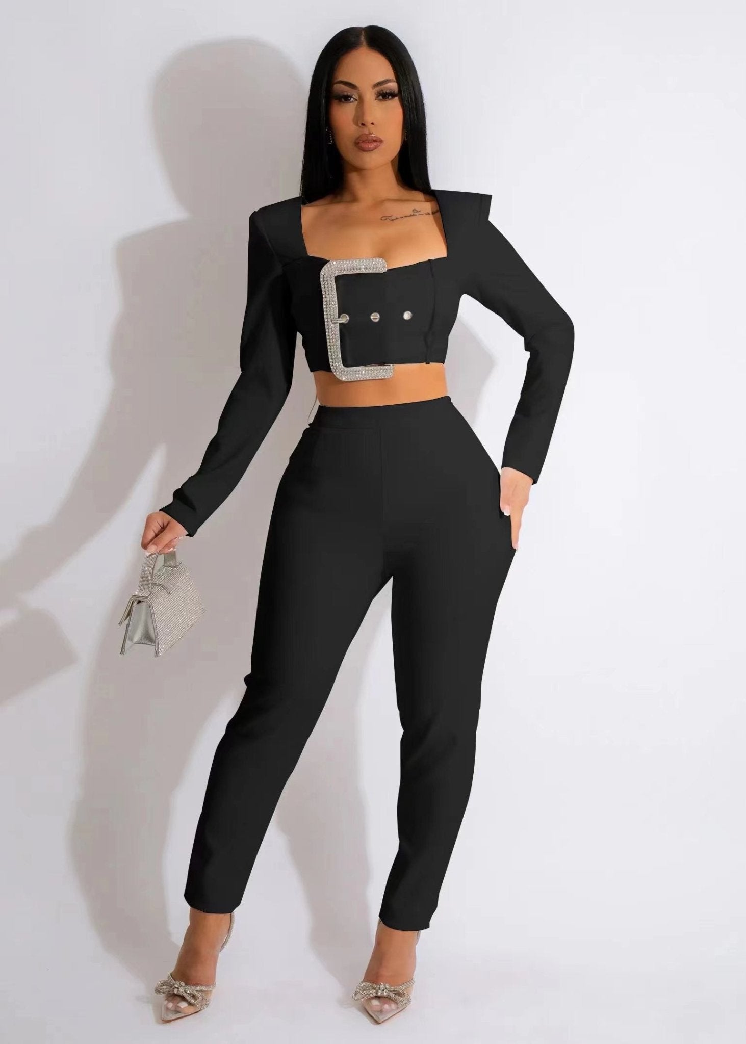 Kinsley Rhinestone Buckle Crop Top and Pants Set - Ever Chic Fashions