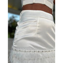 Kori White Satin Mini Skirt with Feather and Rhinestone Trim - Ever Chic Fashions