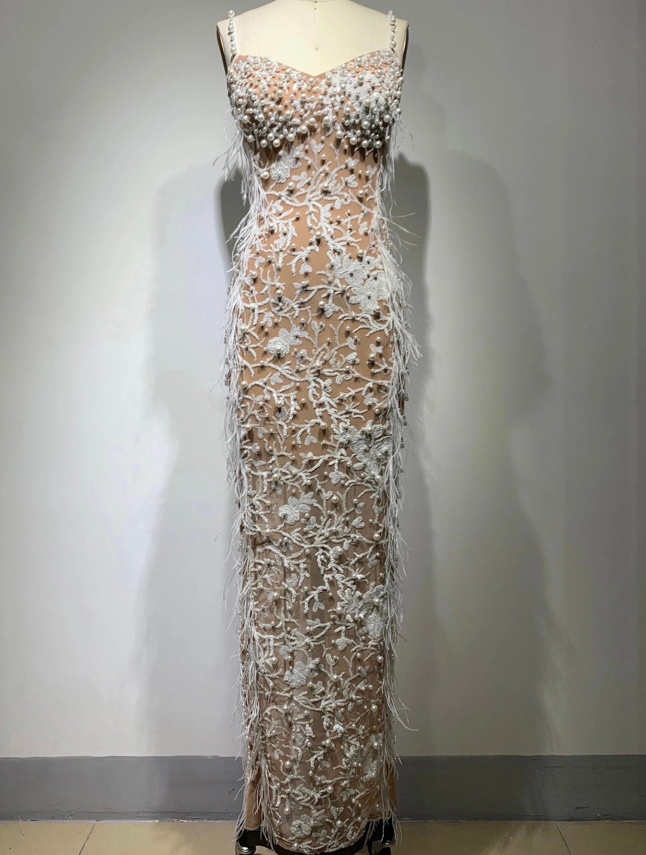 Marley White and Nude Mesh Sequin, Pearl and Feather Maxi Dress - Ever Chic Fashions