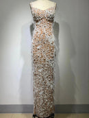 Marley White and Nude Mesh Sequin, Pearl and Feather Maxi Dress - Ever Chic Fashions