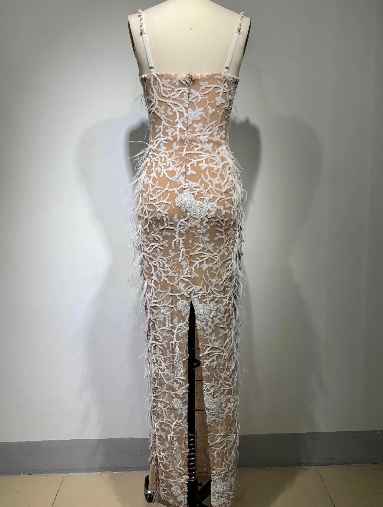 Marley White and Nude Mesh Sequin, Pearl and Feather Maxi Dress - Ever Chic Fashions