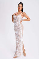 Marley White and Nude Mesh Sequin, Pearl and Feather Maxi Dress - Ever Chic Fashions